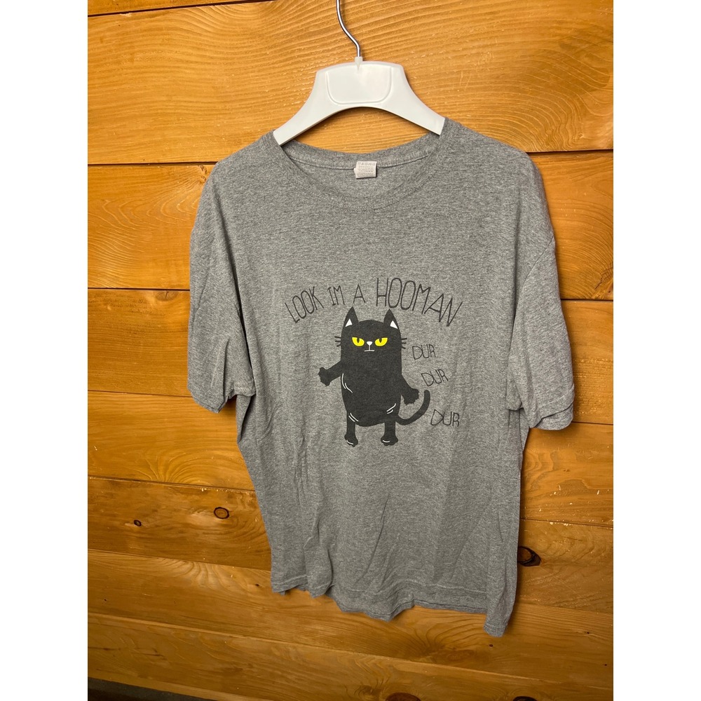Gray "Look Im A Hooman" Cat Graphic T Shirt Large Unisex Casual quirky Funny Y2K